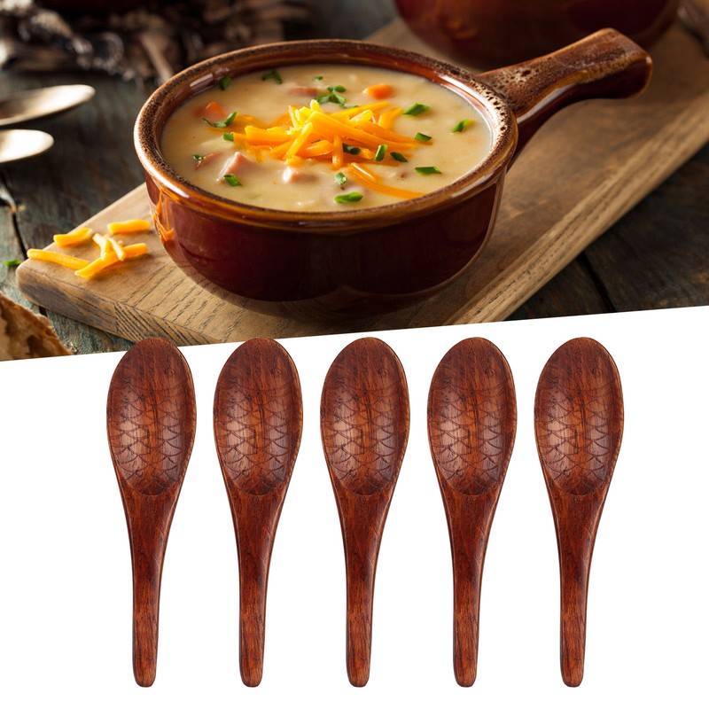 5pcs Wooden Spoon Fish Shaped Hand Carved Old Paint Color
