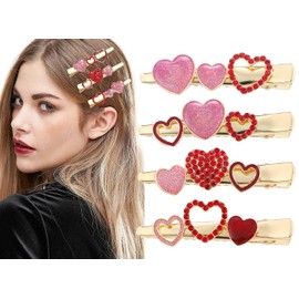 4PCS Red Pink Valentines Day Heart Hair Clips Glitter Rhinestone Hairpins Sweet Sparkly Lovely Hair Barrettes Styling Hair Accessories for Women Party Gifts