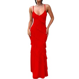 HOCILLE Women's Sexy V Neck Backless Bodycon Spaghetti Strap Elegant Ruffle Maxi Cocktail Party Dresses, Medium, Red