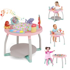 HONEY JOY Baby Activity Center, 5 in 1 Infant Jumper & Standing Play Table w/ 360° Rotary Seat, 6 Toys, 3 Adjustable Heights, Lights, Music & Sounds, Activity Center for Babies 6-36 Months (Pink)