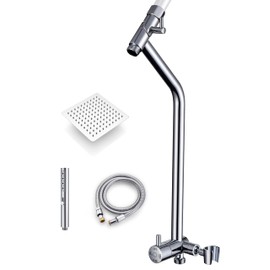 G-Promise All Metal Shower Diverter with Low Holder, Extended 13.5 Inch, Includes Rain Shower head, 3-Function Hand Shower with Massage Mode, Stainless Steel Long Hose (Chrome)
