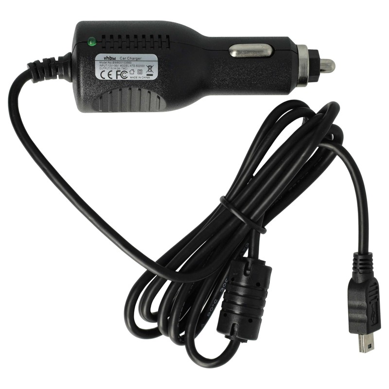 vhbw KFZ-LADEKABEL AUTOLADEKABEL für Navigationsgeräte mit Mini-USB-Anschluss mit Integriertem TMC-Empfänger