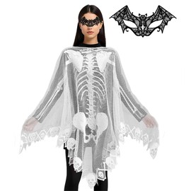 Capa Esqueleto de Halloween, Poncho de Encaje de Esqueleto Blanco para Mujer, Perfecto para Fiestas de Disfraces de Halloween y Cosplay (A)
