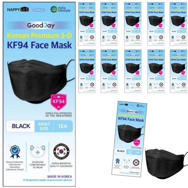 (Pack of 10) Good Day Korea Black Disposable KF-94 Face Mask 4-Layer Filters Breathable Comfortable Protection, Protective Nose Mouth Covering Dust Mask Made in Korea.