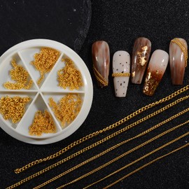 QIMYAR Nail Chains Punk Nail Charm 6 Strips Gold Silver Rose Gold Metal Nail Charms Nail Studs Chains Metallic Nail Beads Ball Jewelry Accessory Y2K Nail Art Decoration