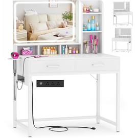 Small Vanity Desk, Vanity Desk with Mirror and Lights, Makeup Vanity Desk with Power Strip, Vanity Table with Drawers and Shelves, Adjustable Lighting, Dressing Table for Bedroom Dressing Room, Black