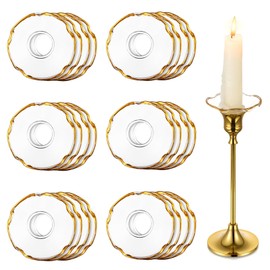 Hewory Glass Bobeches for Candlestick Holders, 24 Pcs Candle Drip Protectors Rings for Tapers, Wax Drip Catcher for Tapered Candlestick Candle Holder for Wedding Party Church Home (Scallop, Gold Rim)