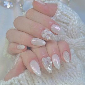 White Laser Press on Nails Medium Almond Fake Nails Silver Glitter Full Cover Glue on Nails Glossy Acrylic Nails with 3D Bow Designs Reusable False Nails Wedding Stick on Nails for Women 24Pcs