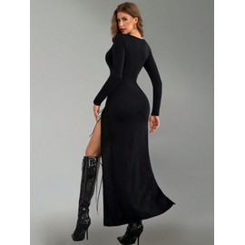 GothDark Vintage Black Goth Long Sleeve Dress High Slit V Neck Eyelet Rope Sexy Party Club Dress