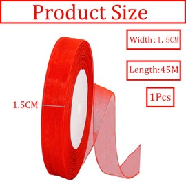 45 m Organza Ribbon, Red, 15 mm Wide, Chiffon Gift Ribbon, Transparent Organza Ribbon, Chiffon Ribbon, Decorative Ribbon, Gift Wrapping, Decorative Ribbon, Tulle Ribbon for Christmas, Wedding,