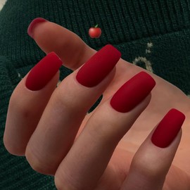 Matte Wine Red Press On Nails Medium Long Square, Medium Coffin Nails Acrylic Nails Press ons Glue on Nails Medium Length, Solid Color Fake Nails for Women Thick Artificial Nails Stick on