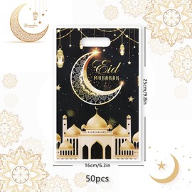 Eid Mubarak Gift Bags with Die Cut Handles, 50pcs - Gold Muslim Mosque Moon Stars Lantern Print Ramadan Theme Black Goodie Candy Snack Plastic Bags Pouch for Muslim Islamic Diwali Party Favor Kids Gifts