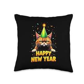 Happy New Year 2025 Funny New Year's Eve Party Hat Mad Cat Throw Pillow