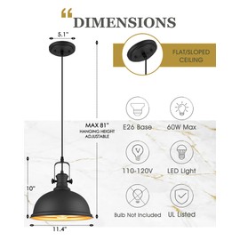 Audickic 2-Pack Pendant Lights Kitchen Island, Farmhouse Hanging Lights Fixtures with Metal Shade, Rustic Kitchen Pendant Lighting Over Island for Dining Room, Matte Black, AD-2151-1P2L-BK