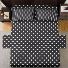 Zzzboro 4 Pcs Fitted Sheet Set Full Size, Vintage Polka Dot Geometric, Bed Decor Black White Boho Circle Bedroom Sets Pillowcase Bedsheet Bedding Flat Sheet for Kids and Adults