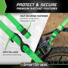 SMARTSTRAPS 10-Foot Ratchet Straps, Green (2pk) – 1,500 lbs Break Strength 500 lbs Safe Work Load Tie-Downs Designed for Light-Duty Transport Safely Haul Your Light Equipment Dirt Bikes ATVs and More
