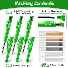 Hiboom 3 Pack Carpenter Pencils with 2.8 mm Multi Color Refills, Heavy Duty Woodworking Marking Tool Built in Sharpener Ideal for Marking on Solid Long Nosed Deep Hole(Green,36)