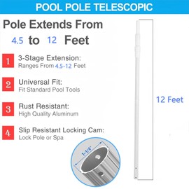 longsuda Pool Pole- Professional 12-Foot Telescopic Pool Cleaning Rod,Pool Rod Adjustable Telescopic Rod, Used for Cleaning Nets, Brushes, Vacuum Heads