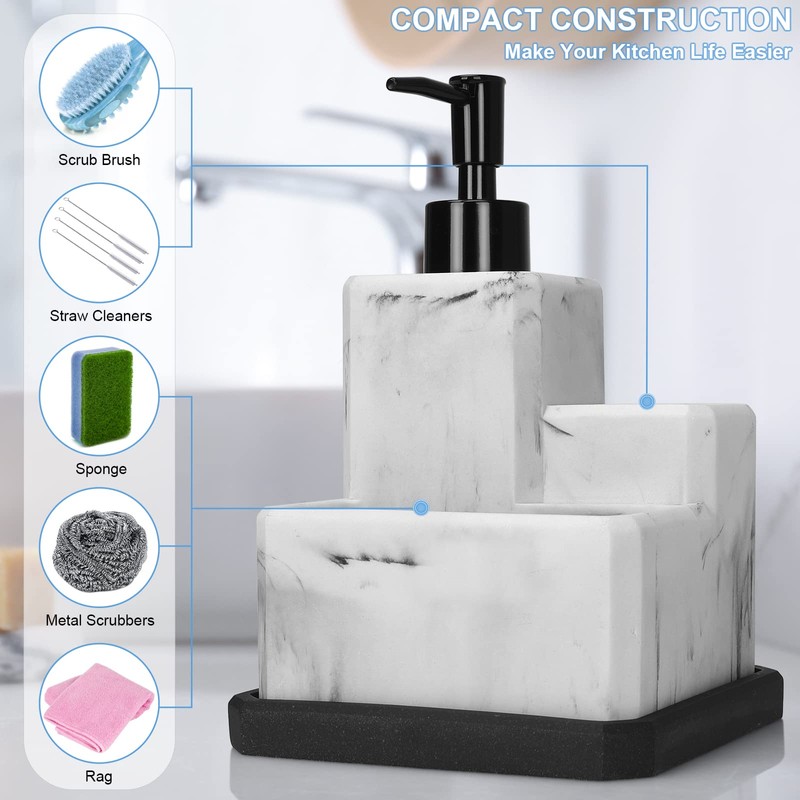 Soap Dispenser with Sponge Holder and Brush Holder,White Marble 3