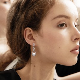 Cultured Pearl Earrings Dangle Sterling Silver Infinity Drop Earrings Cubic Zirconia Wedding Jewelry Gifts for Women Mother Wife Bride