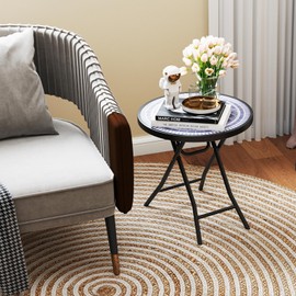 Tangkula Round Folding Side Table, 18 Inch Patio Coffee Table with Tempered Glass Tabletop and Metal Frame, Indoor Outdoor Small Side Table for Yard, Balcony, Porch, Poolside (Grey,1)