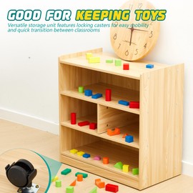 Wonderjune Mobile Block Storage Cart, Classroom Furniture Large Wood Shelves Toy Organizers with 4 Wheels Compartment Solid Wood Storage Cabinet for Playroom, Nursery, Classroom, Kindergarten