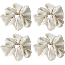 4 Pack Soft Bright Silk Satin Sleep Hair Scrunchies Ponytails Holder Curls Elastic Hair Bands Ties Hair Accessories Wrist Band for Women Curly Hair Bun (Apricot, One size)