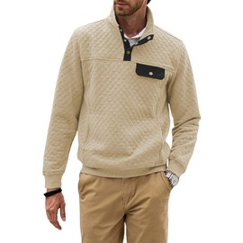JMIERR Mens Quilted Sweatshirt Casual Long Sleeve Crewneck Half Button Fashion Pullovers Sweater Jackets with Pockets, US 38(S), Apricot