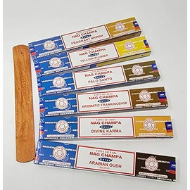 Satya Nag Champa Combo Incense Sticks Mix Deal - Sandalwood, Divine Karma, Arabic Oudh, Yellow Flower, Aromatic Frankincense, Scented Myrrh with JR Incense Holder SNC14
