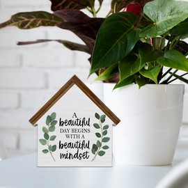 Motivational Positive Quotes Decor, Minimalist Eucalyptus House Shaped Wooden Block Sign, Inspirational Office Home Decor for Desk Table Shelf