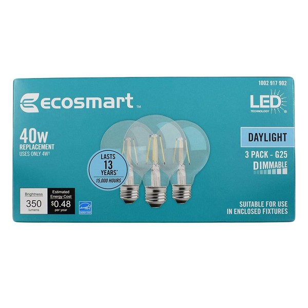 EcoSmart 40-Watt Equivalent G25 Globe Dimmable Energy Star Clear Glass Filament Vintage Style LED Light Bulb Daylight (3-Pack)