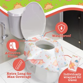 Potty Shields Toilet Seat Covers Disposable (40 pk, Dinosaurs) - XL Waterproof Toilet Cover for Toddlers, Kids & Adults - Portable & Individually Wrapped for Travel, Potty Training, Public Restrooms