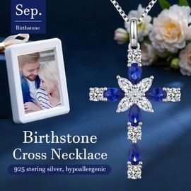JiaYangJY Sterling Silver Cross Necklace for Women, September Sapphire Cubic Zirconia Double Cross Pendant Faith Jesus Christians Jewelry