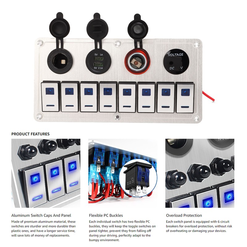 Rocker Switch Panel 8 Gang 12‑24V 5 Pin Blue Light