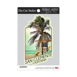 Die Cut Sticker San Clemente, California, Lifeguard Shack and Palm, Contour Vinyl Sticker 3 to 6 inches, (Waterproof Decal for Cars, Water Bottles, Laptops, Coolers), Large