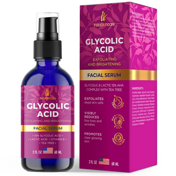 Glycolic Acid Serum for Face 15% Strength - Extra Large Size (2Oz) - Advanced Formula for Enhancing Skin Radiance, Texture Improvement, Addressing Uneven Tone & Fine Lines by InstaSkincare