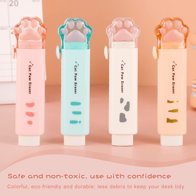 RosewineC 4 Pcs Cat Paw Shaped Retractable Erasers, 4 Color