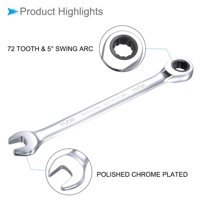 CoCud Ratchet Wrench 11/32" Head SAE 72 Teeth Cr-V Combination