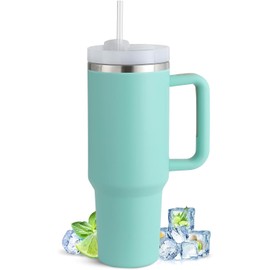 YesWe 40 Oz Teal Stainless Steel Double Wall Vacuum Insulated Tumbler with Handle, Straw, 2-in-1 Lid for Hot and Cold Beverages, Travel Mug for Car, Outdoor, Camping, Large, TL0112