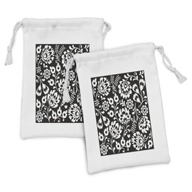 Ambesonne Folk Art Fabric Pouch Set of 2, Monochromatic Polish Traditional Botanical Motifs Flowers with Peduncles, Small Drawstring Bag for Toiletries Masks and Favors, 9" x 6", Charcoal Grey White