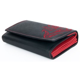 Leather Black and Red Wallet with Embroidered Red Roses