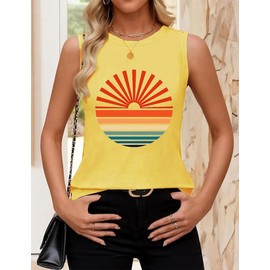 Summer Cute Graphic Sleeveless Shirts Womens Tank Tops Sunrise Sunset Sunshine Tropical Outdoor Workout Hawaii Beach Holiday Vacation Shirt, Yellow L