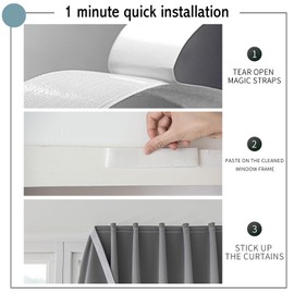 Jilron Magic Tape Stick on Curtains Blackout Curtains for Bedroom no Drillng Self Adhesive Curtain no Rod Small Window (Grey, 35" W x 40" L) 2 Panels