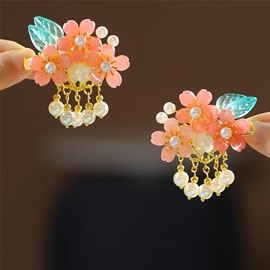 1 Pair Coral Red Flowers Duckbill Clips Hair Barrettes, Pearl Tassel Barrettes, Hanfu Decorative Hair Clips for Women Girls