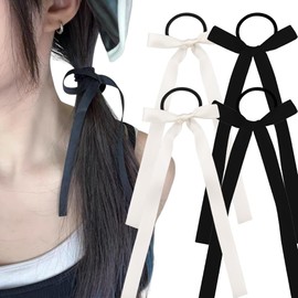 Long Bow Hair Ties for Girls Black Hair Bows for Women Beige Tassel Ribbons Bow Hair Ties for Teen Girls Long Tail Ribbon Bowknot Hair Clips for Girls 4 PCS French Bowknot Hair Accessories for Women