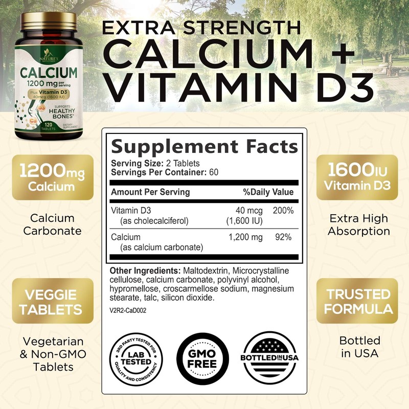 Calcium 1200 mg with Vitamin D3 - Bone Health Supplement,