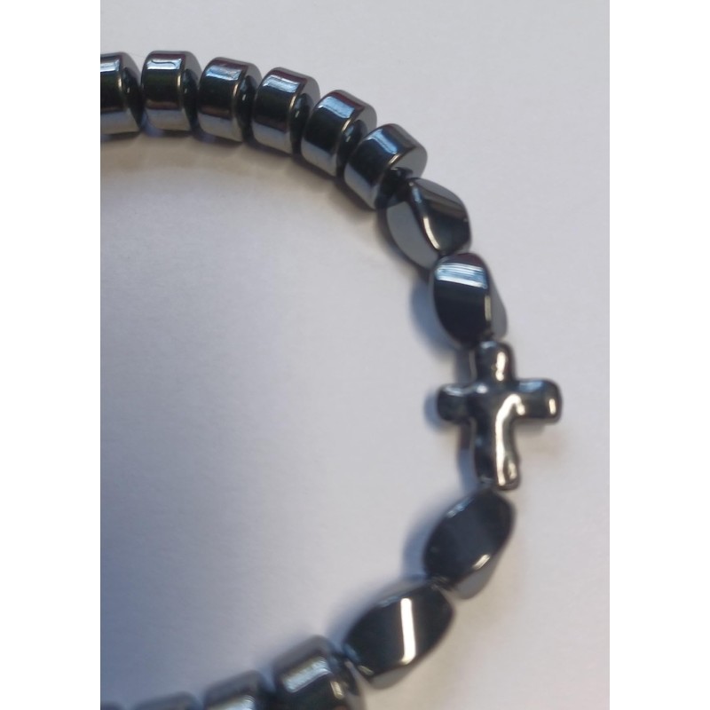 Chic Hematite Beaded Bracelet with Cross Charm