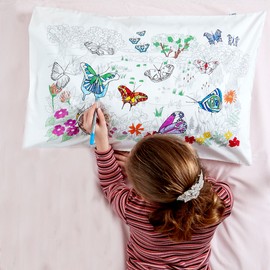 eatsleepdoodle Colouring Pillowcase For Kids w/ 10pk Washable Markers For Kids - 75x50cm Butterfly Kids Colouring Pillowcase - Ultra Washable & Reusable Arts and Crafts For Kids