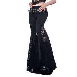 xxxiticat Women's Lace Flared Legging Pants Gothic High Waist Hollow Out See Through Patchwork Mesh Bell-Bottom Trousers(BL,L) Black
