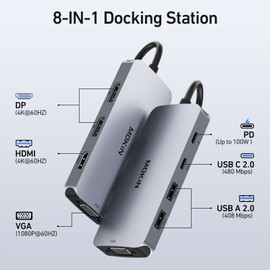 USB C Docking Station Dual DisplayPort, 8 in 1 USB C Hub with 2 DP, HDMI, VGA, USB C 2.0, 2 USB A 2.0, PD Charging Port, Multi Monitor Adapter for Dell/HP/Lenovo Laptops